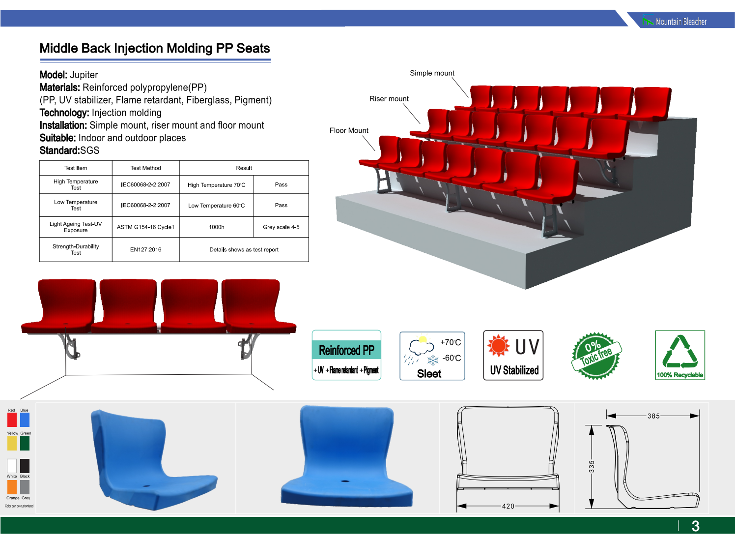 Bleacher Middle Back Injection PP Seats