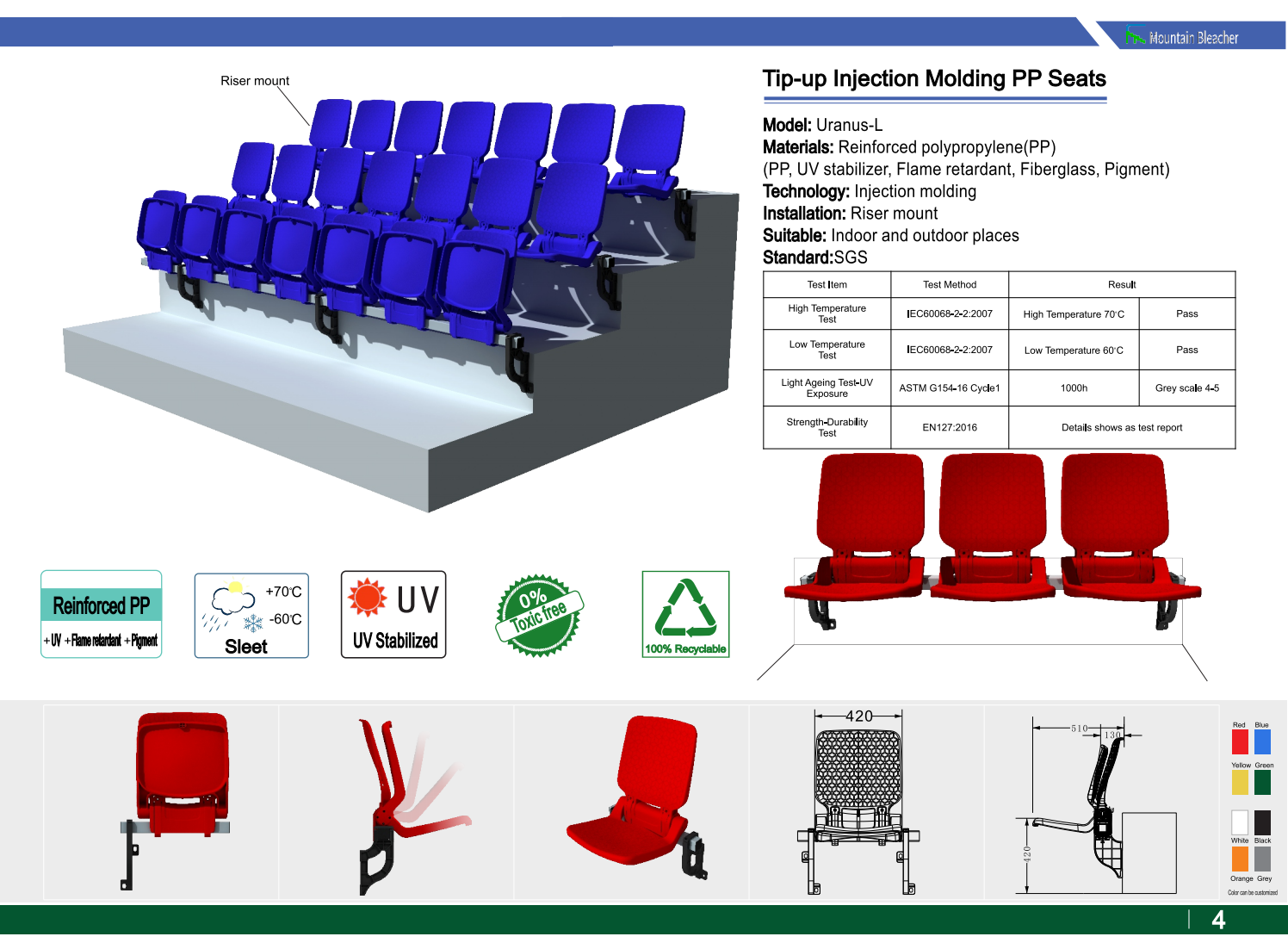 Bleacher Middle Back Injection PP Seats