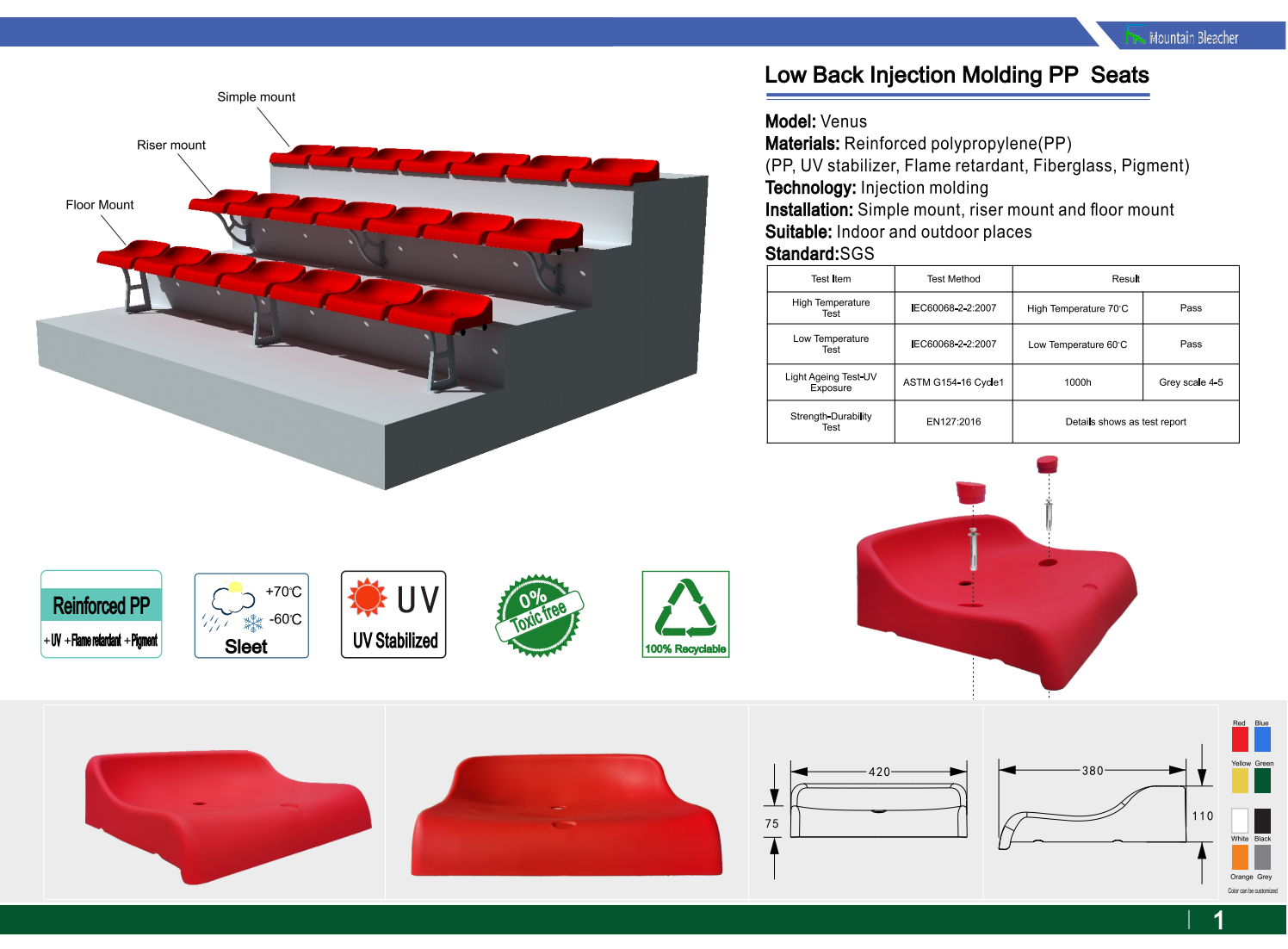 Bleacher Middle Back Injection PP Seats