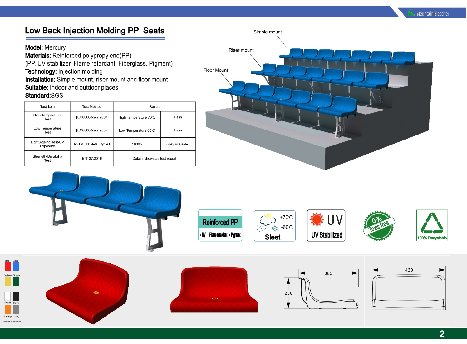 Bleacher Middle Back Injection PP Seats